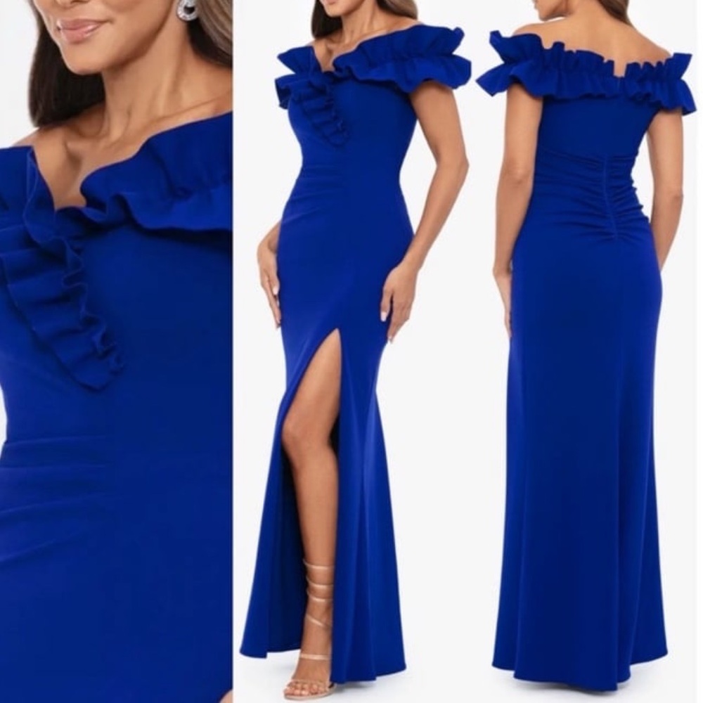 NWT Xscape womens Long Stretch Scuba Crepe Ruffle Collar Ruched Dress